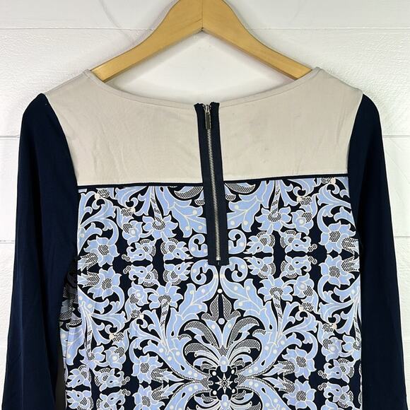 ALFANI Blue Cream Lace Overlay Zipper Back 3/4 Sleeve Mini Tunic Dress Small - Picture 3 of 11